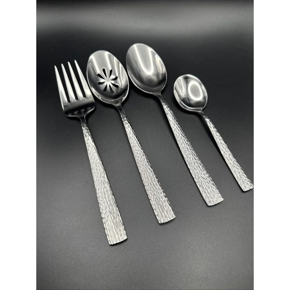 Mikasa Oliver Serving Fork + 3 Spoons Set Flatware Stainless Silverware Hammered